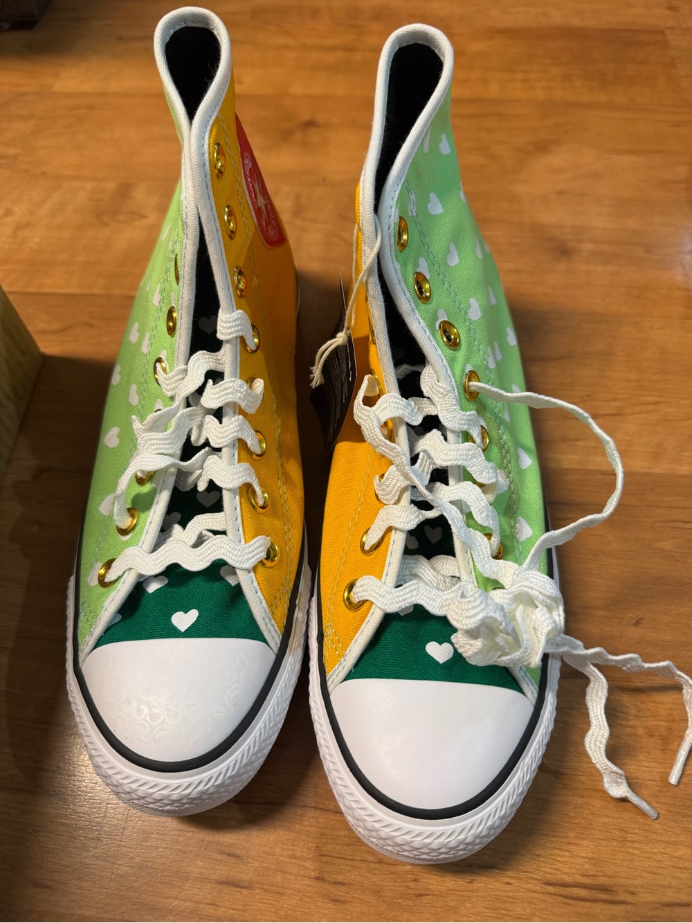 Converse Lime Green and White Heart High Top Sneakers with Orange Trim - Picture 5 of 6